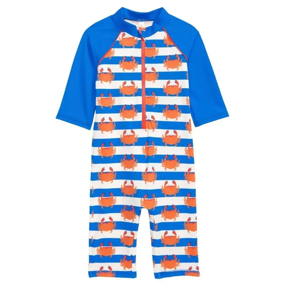 NWT Mini Boden Crab Rash Guard Sunsuit Blue Orange Swim One Piece Baby (3-6 M)
